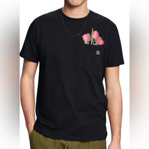 Espirit Black floral pocket detail  crewneck unisex T-shirt Sz XL